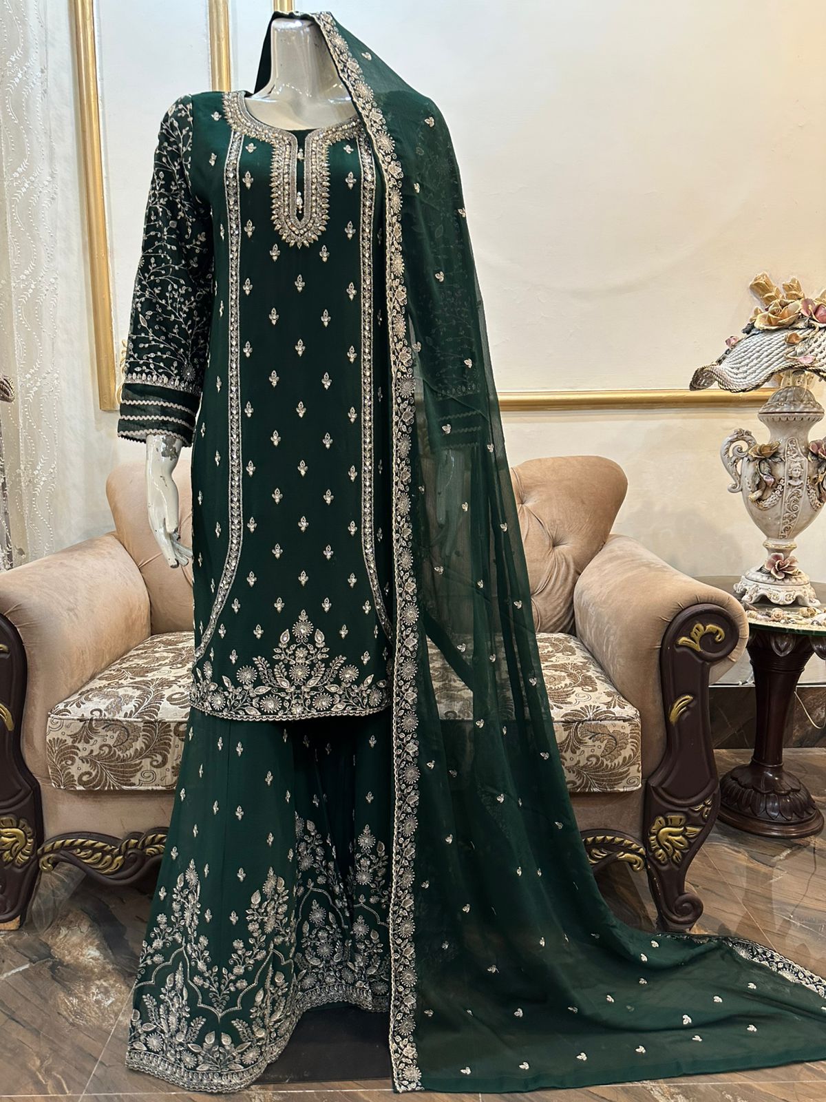 New Pure Chiffon Beautiful Embroidered And Stones Work Shirt Along With Embroidered Plazzo And Embroidered Dupatta