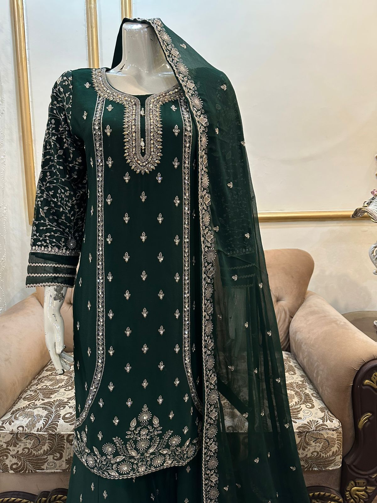 New Pure Chiffon Beautiful Embroidered And Stones Work Shirt Along With Embroidered Plazzo And Embroidered Dupatta