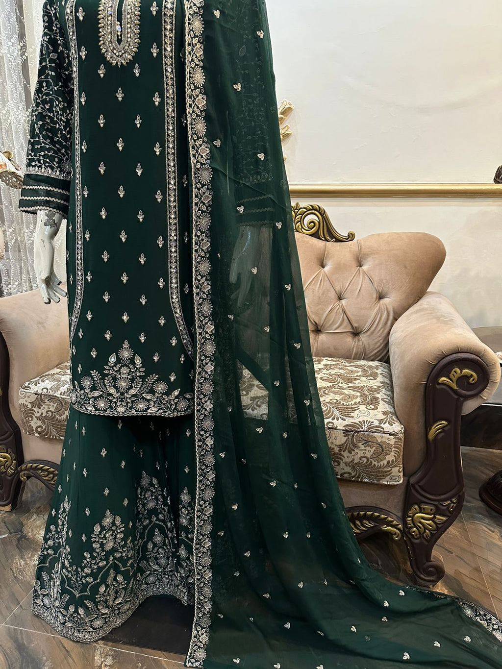 New Pure Chiffon Beautiful Embroidered And Stones Work Shirt Along With Embroidered Plazzo And Embroidered Dupatta