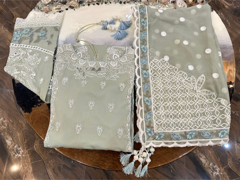 New Pure Chiffon Beautiful Embroidered And Pearls Work Long Shirt (3 Pcs)