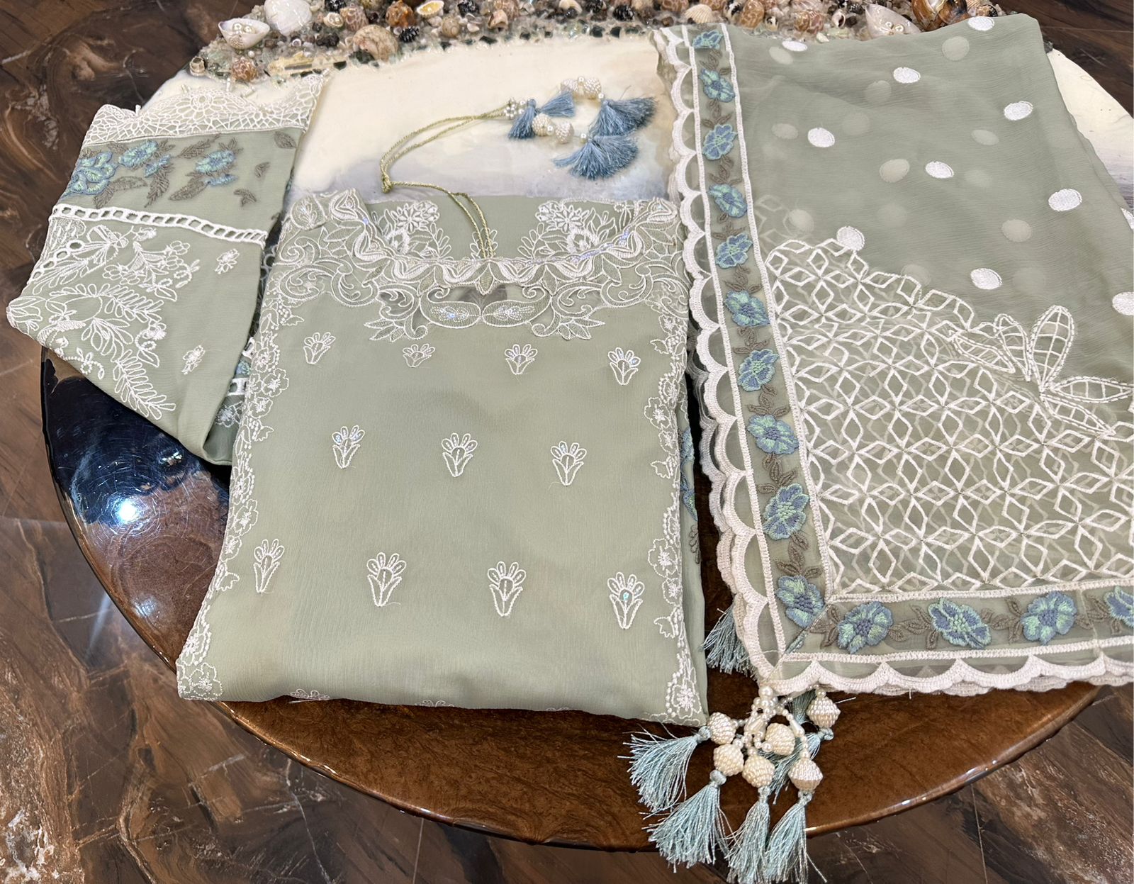 New Pure Chiffon Beautiful Embroidered And Pearls Work Long Shirt (3 Pcs)