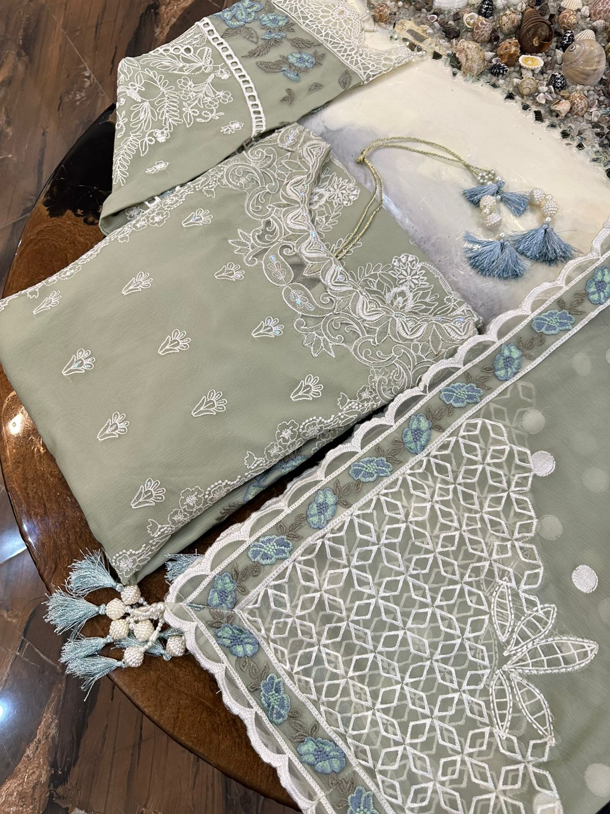 New Pure Chiffon Beautiful Embroidered And Pearls Work Long Shirt (3 Pcs)