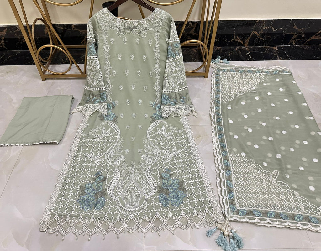 New Pure Chiffon Beautiful Embroidered And Pearls Work Long Shirt (3 Pcs)