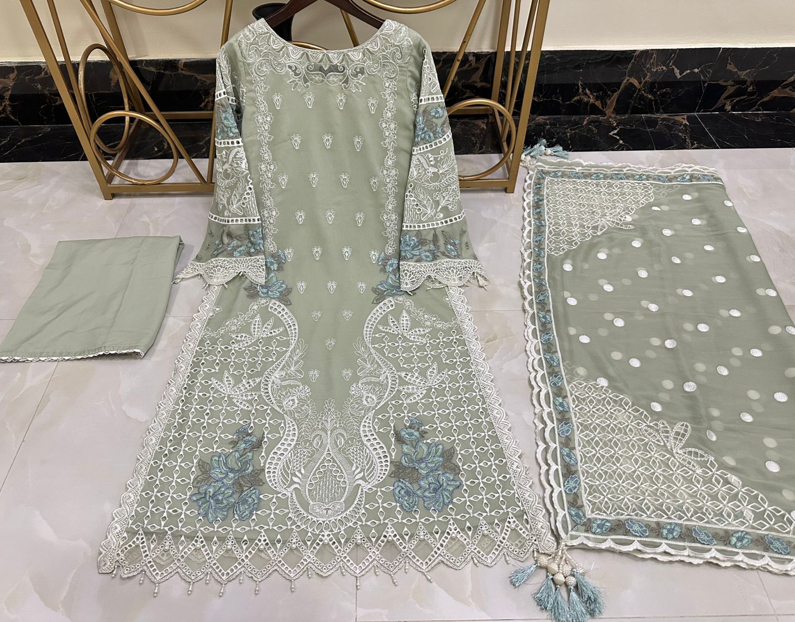 New Pure Chiffon Beautiful Embroidered And Pearls Work Long Shirt (3 Pcs)