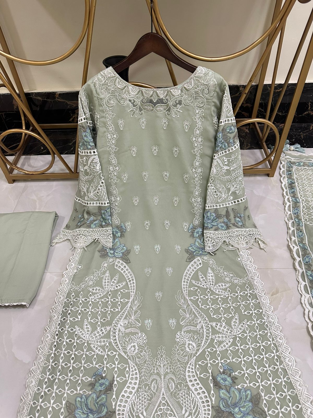 New Pure Chiffon Beautiful Embroidered And Pearls Work Long Shirt (3 Pcs)