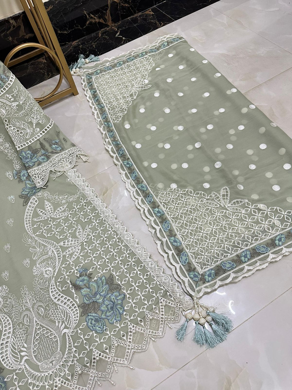 New Pure Chiffon Beautiful Embroidered And Pearls Work Long Shirt (3 Pcs)