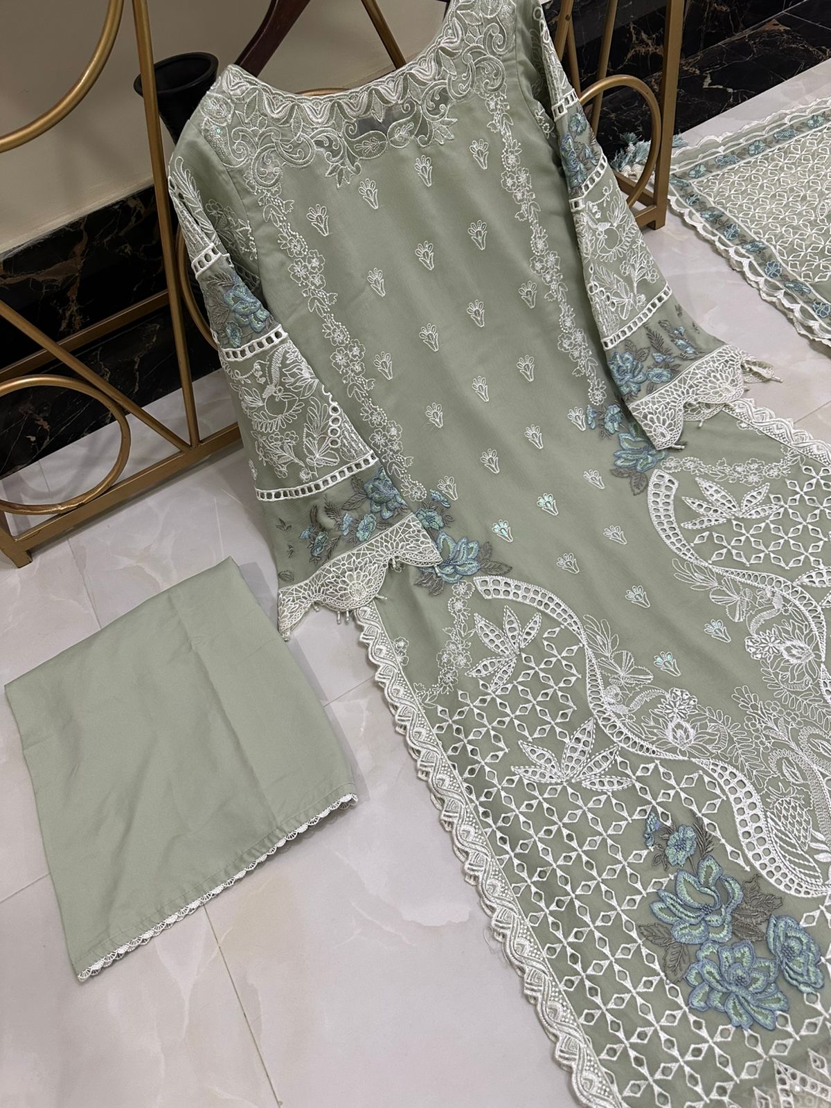 New Pure Chiffon Beautiful Embroidered And Pearls Work Long Shirt (3 Pcs)