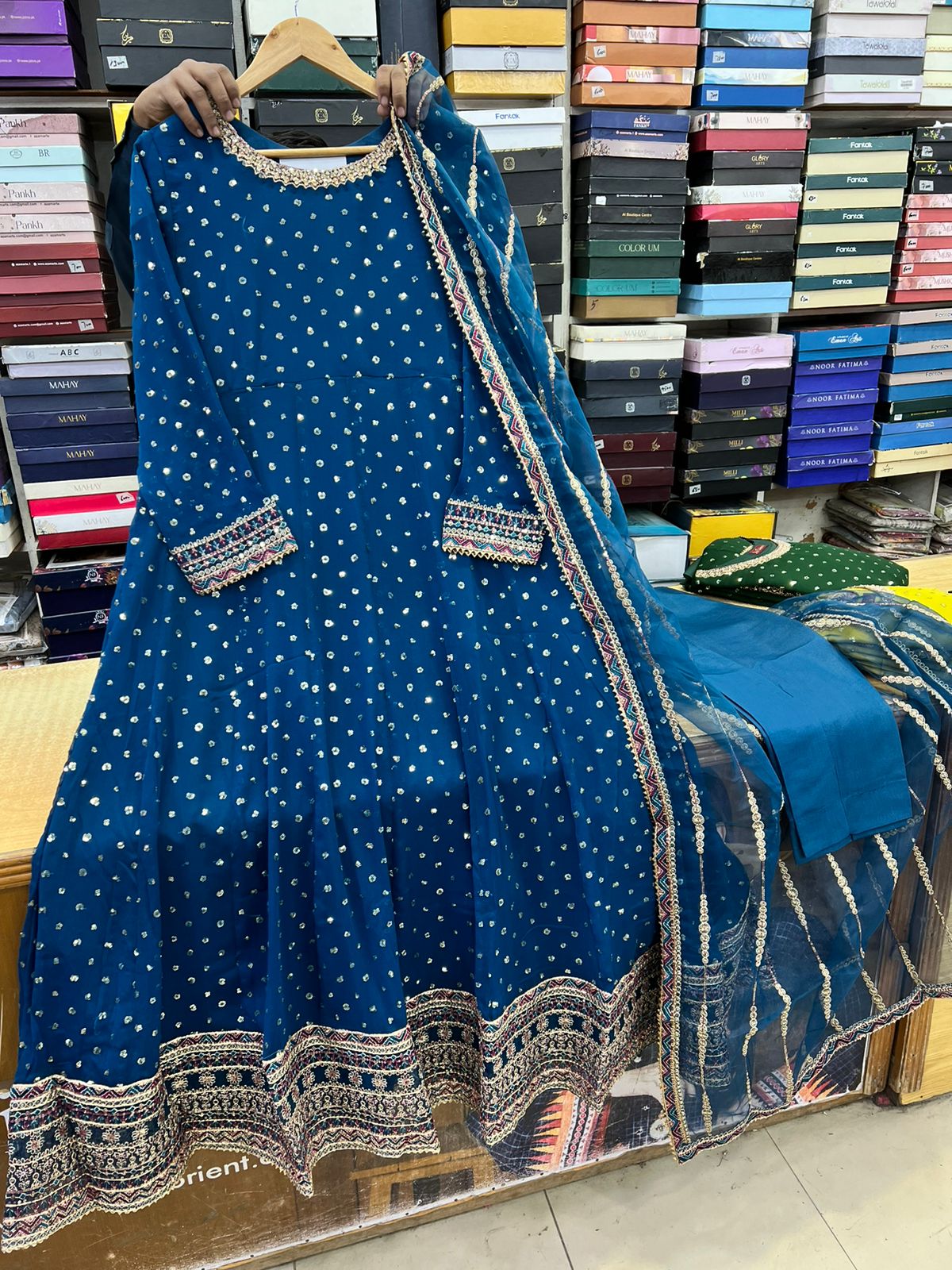 Chiffon Fabric Froq With Orgnza Fabric Embroidered Dupatta With Trouser