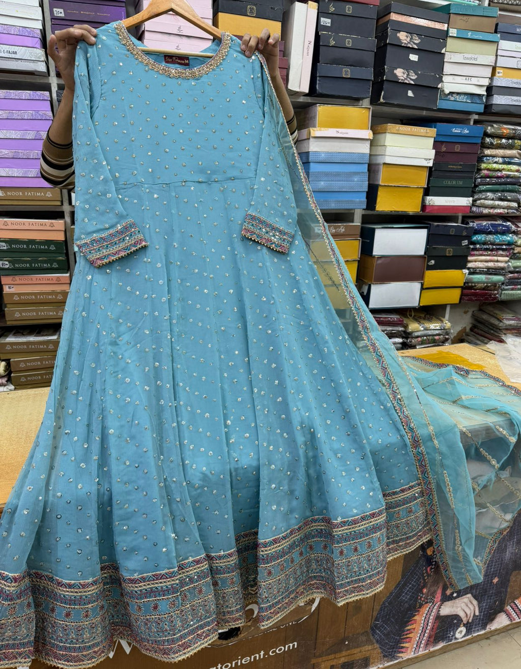 Chiffon Fabric Froq With Orgnza Fabric Embroidered Dupatta With Trouser