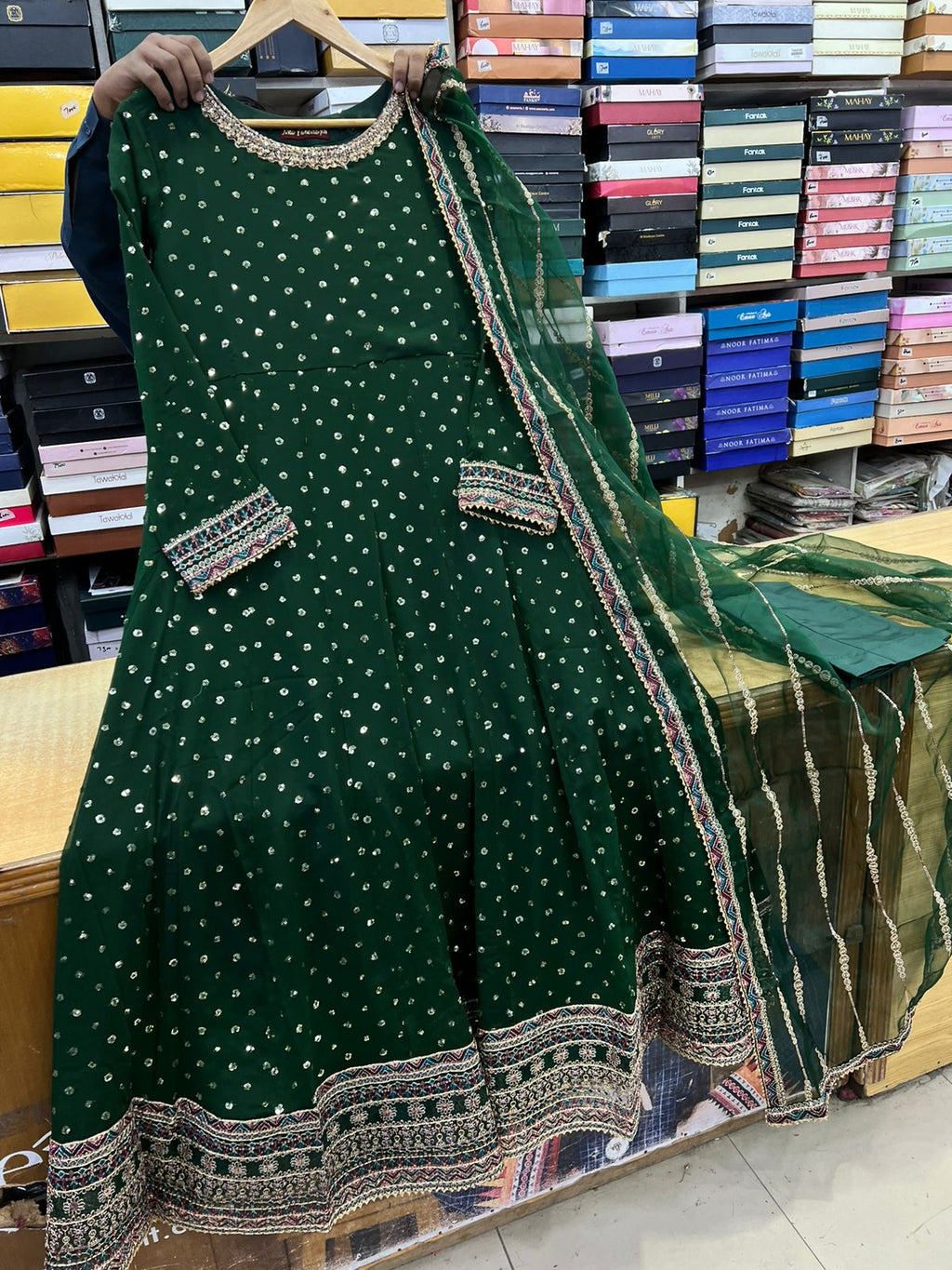 Chiffon Fabric Froq With Orgnza Fabric Embroidered Dupatta With Trouser