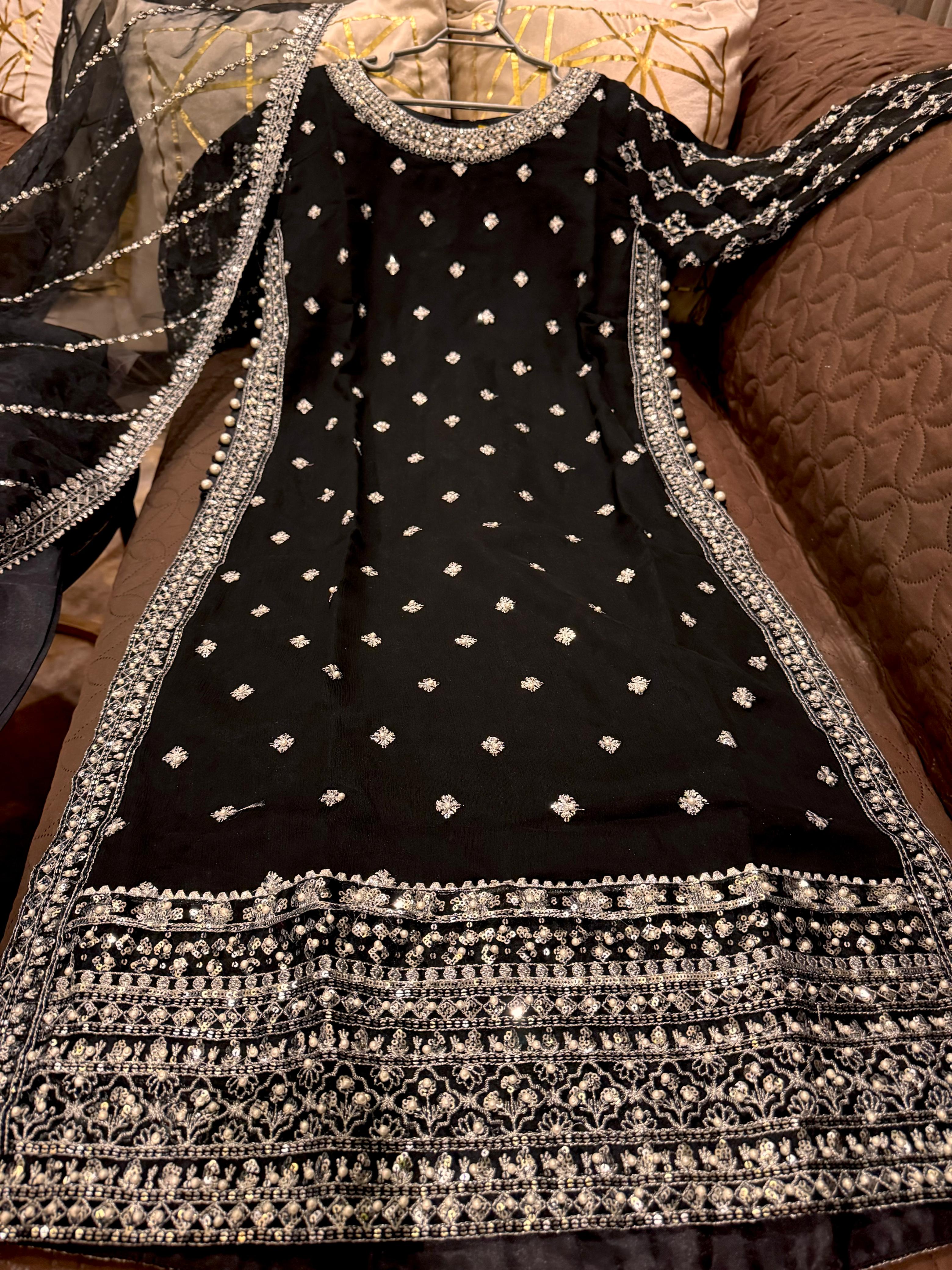 Elegant Chiffon Heavy Sequence, Pearl  Stone Work 3 Pcs