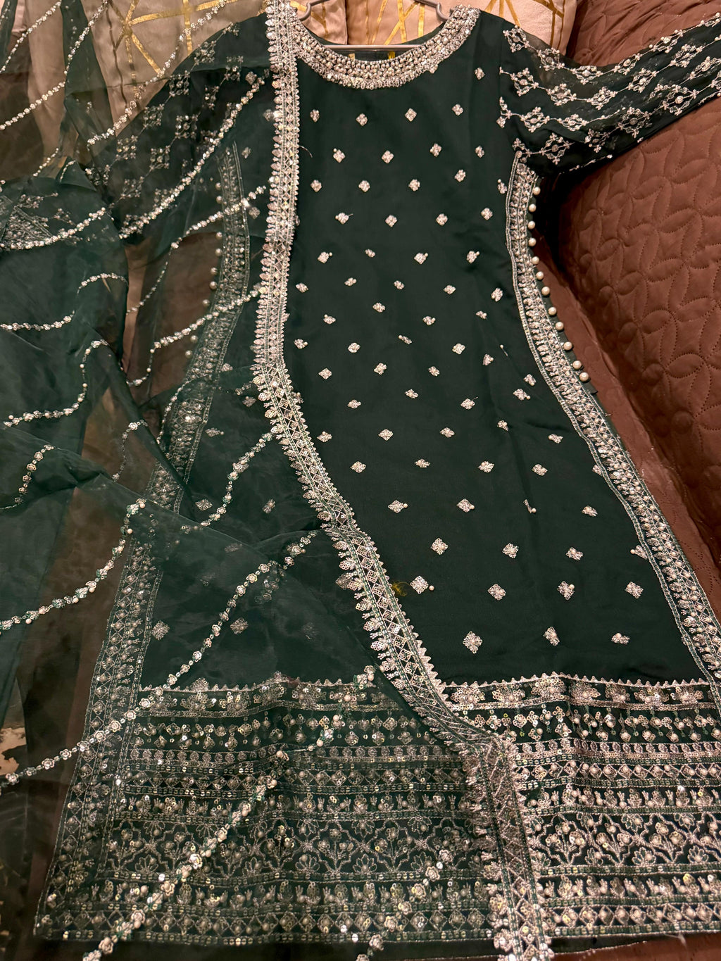 Elegant Chiffon Heavy Sequence, Pearl  Stone Work 3 Pcs