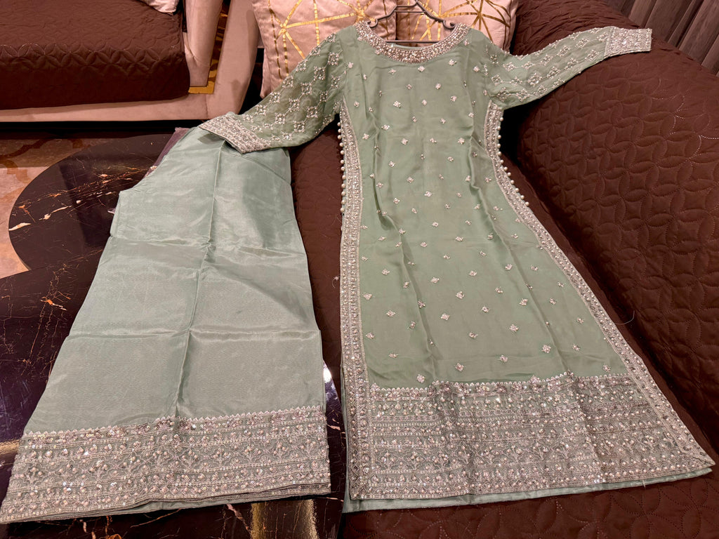 Elegant Chiffon Heavy Sequence, Pearl  Stone Work 3 Pcs