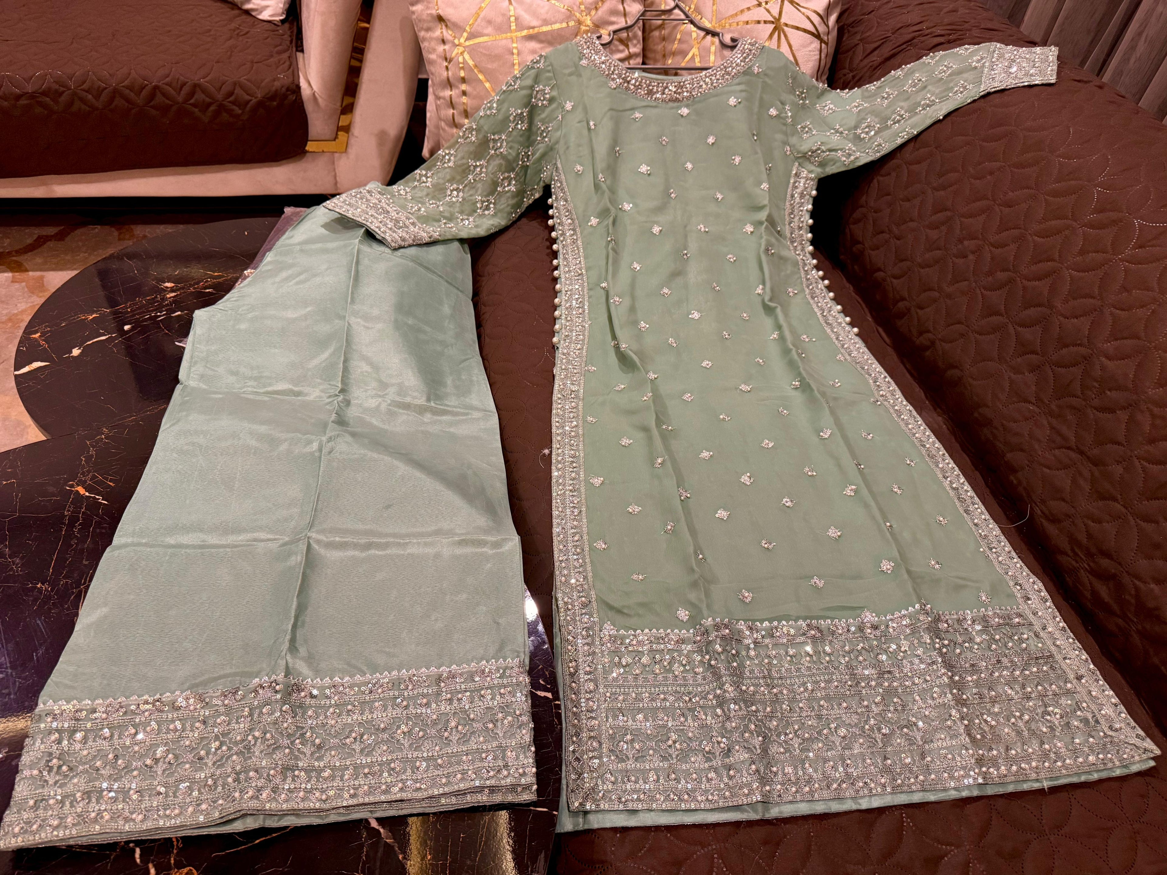 Elegant Chiffon Heavy Sequence, Pearl  Stone Work 3 Pcs