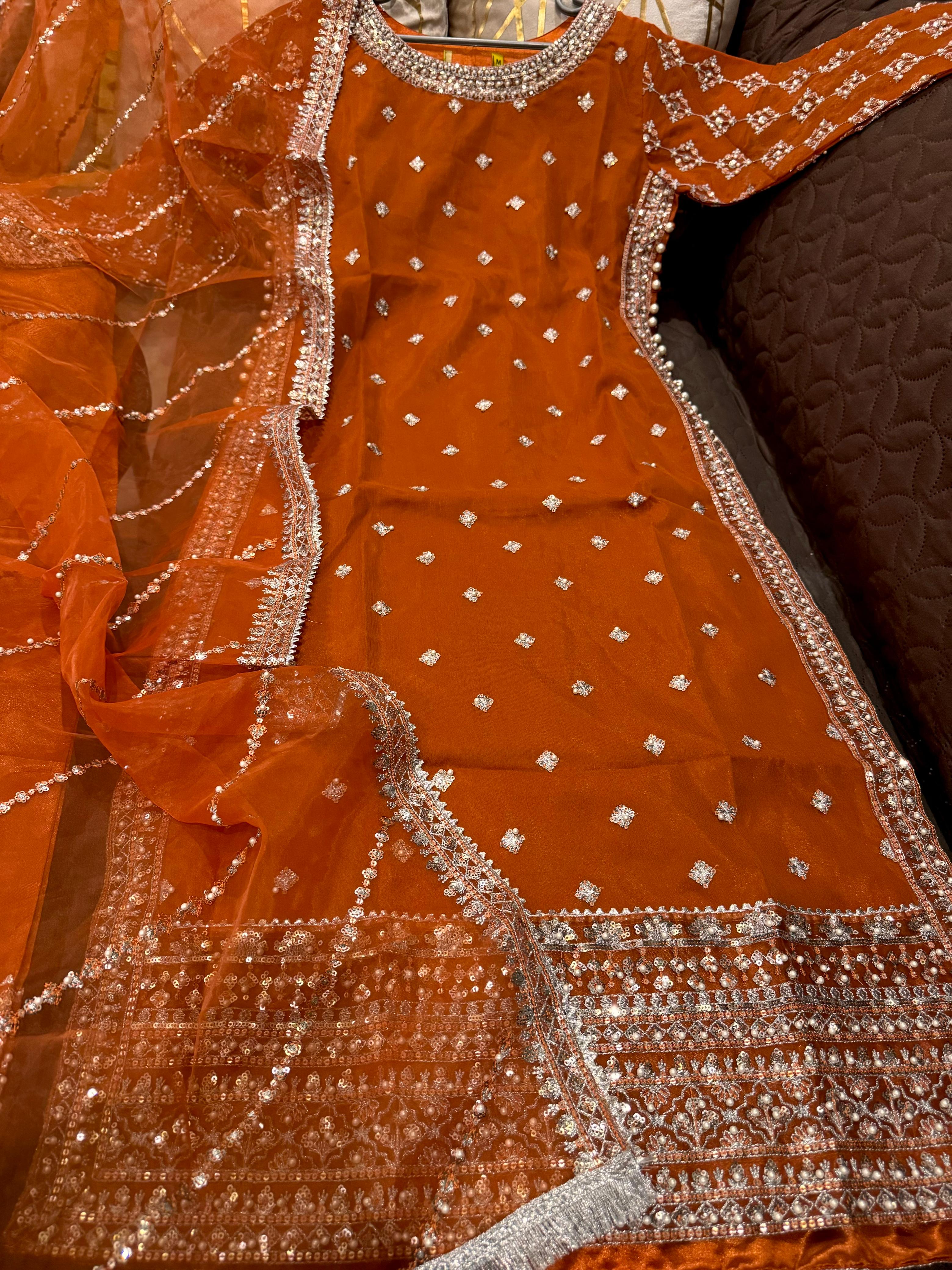 Elegant Chiffon Heavy Sequence, Pearl  Stone Work 3 Pcs