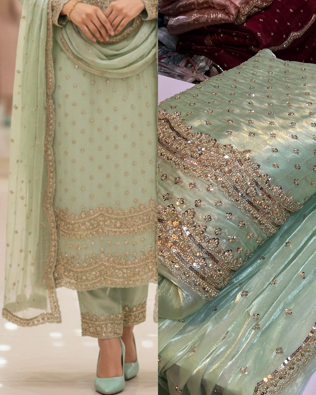 Korean SHEESHA Silk Fabric Cutdana Work 3 Piece