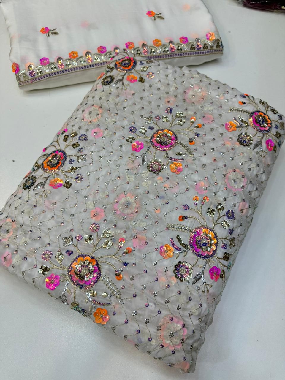 New Arrival Medium Silk Multi Sequence Work Suit with Two Side Border Dupatta & Raw Silk Trouser