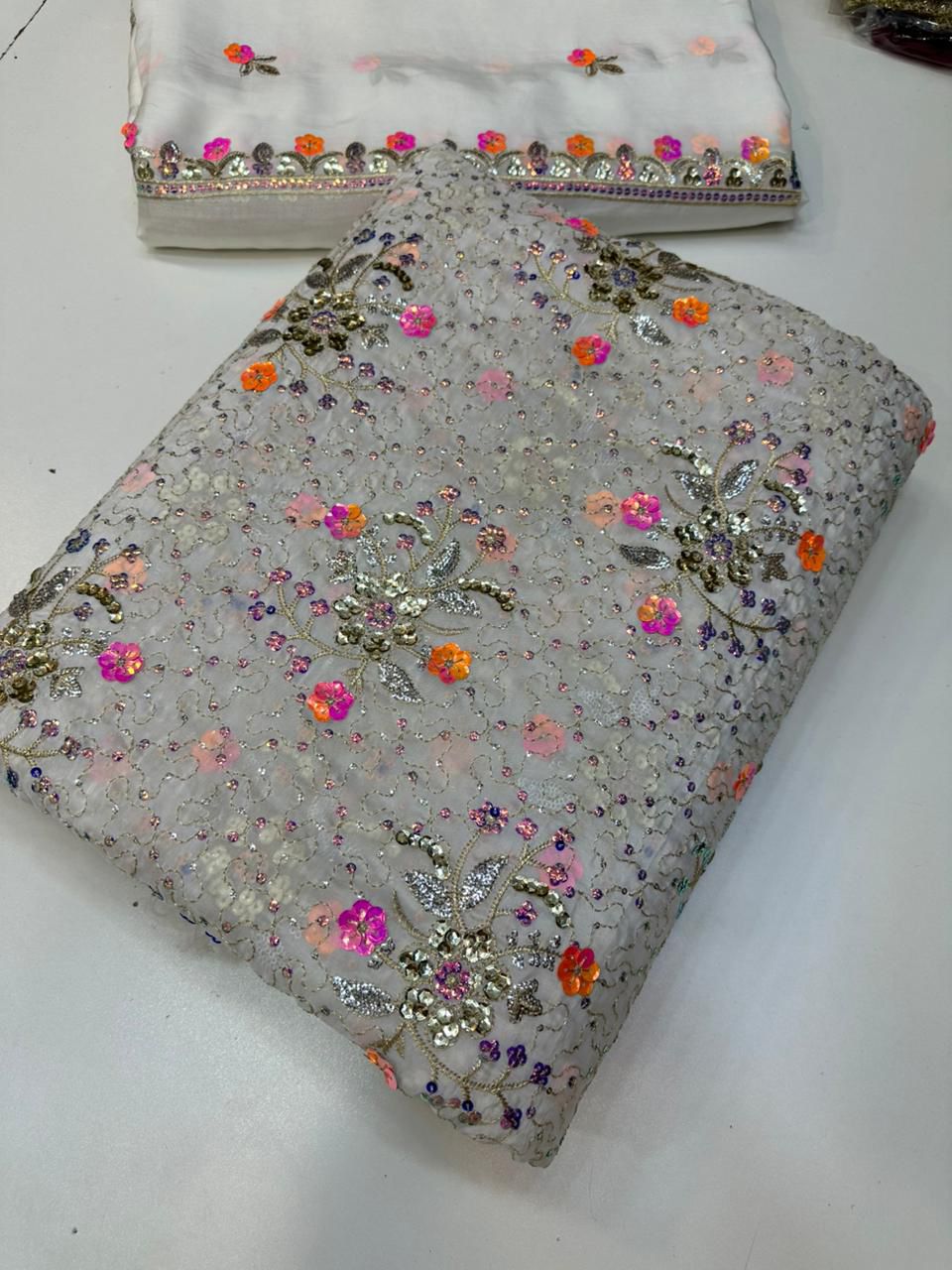 New Arrival Medium Silk Multi Sequence Work Suit with Two Side Border Dupatta & Raw Silk Trouser