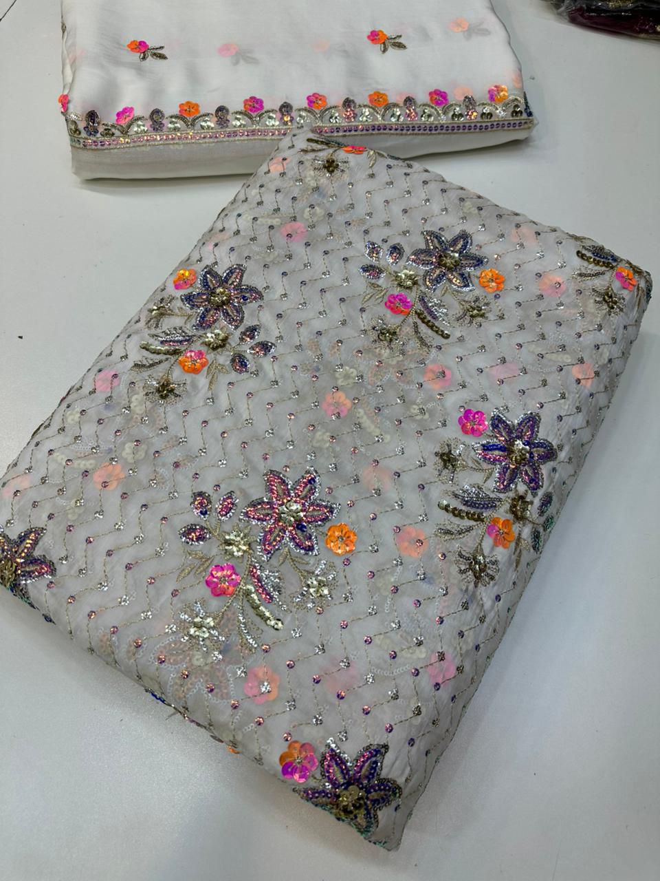 New Arrival Medium Silk Multi Sequence Work Suit with Two Side Border Dupatta & Raw Silk Trouser