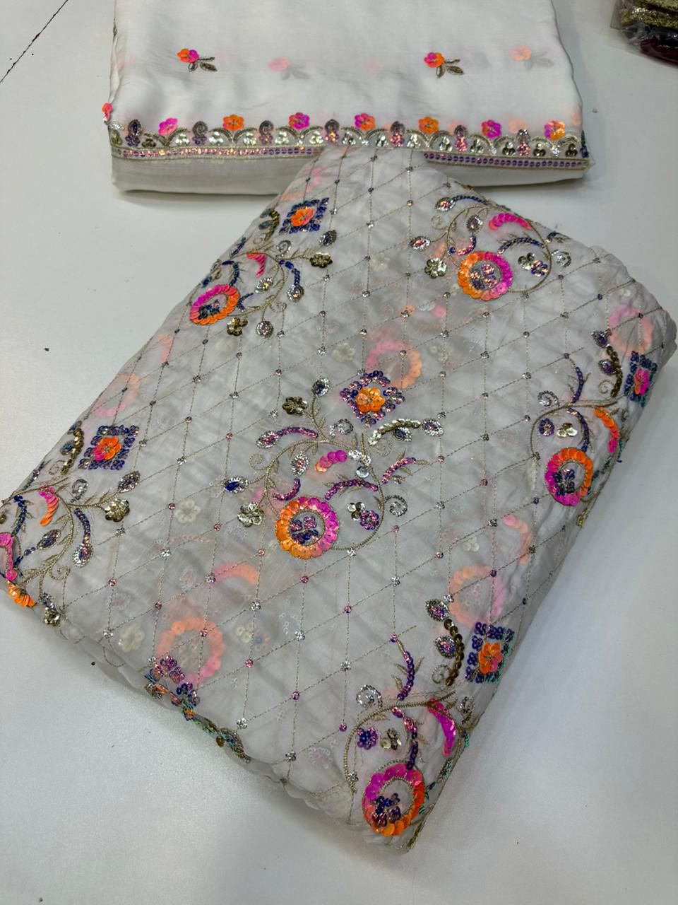 New Arrival Medium Silk Multi Sequence Work Suit with Two Side Border Dupatta & Raw Silk Trouser