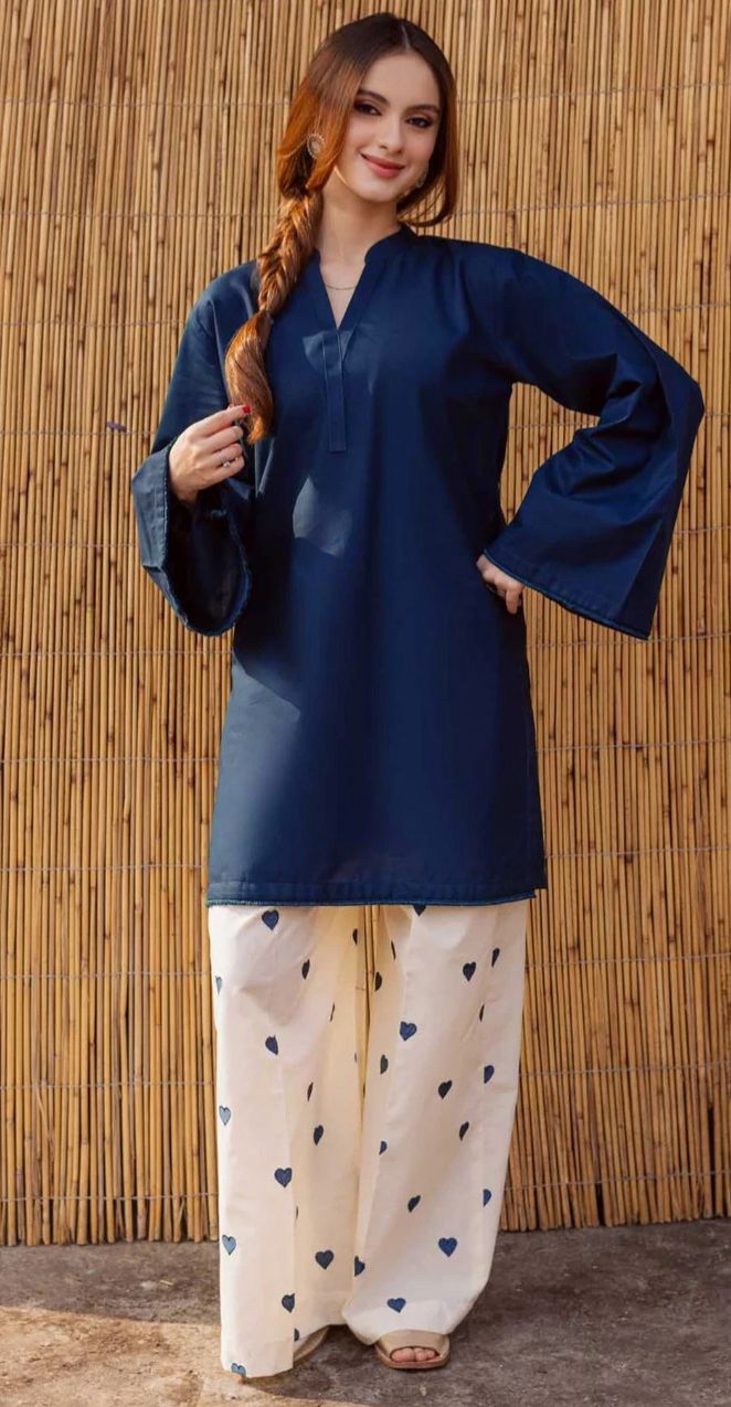 Elegant Lace Border Shirt with Heart Contrast Embroidery Flapper 2 Pcs