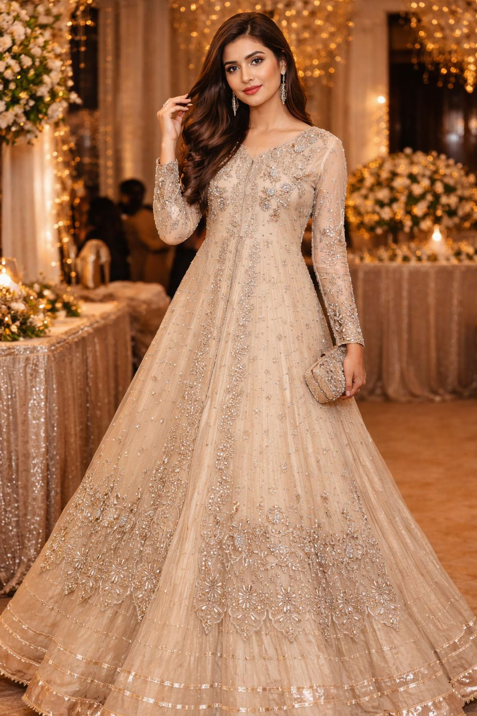Eid Collection Elegant Organza Pearl Handwork Gown with Crushed Silk Maxi Inner
