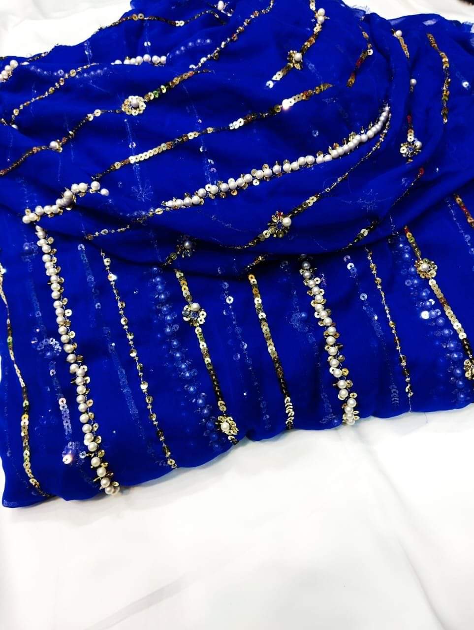 Beautiful Fancy Pearl & Thread Embroidered Sequence Work 3 Piece Suit with Full Jaal Shirt & Embroidered Dupatta With Trouser