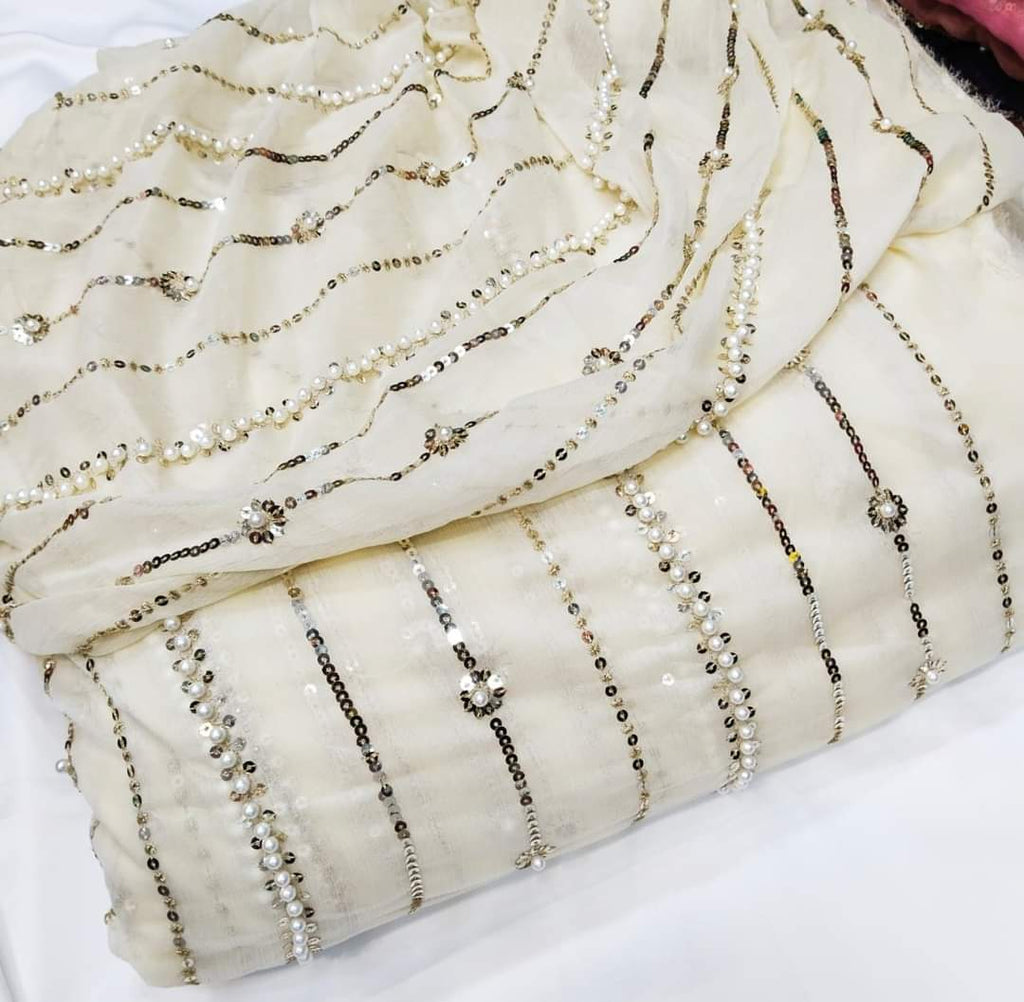 Beautiful Fancy Pearl & Thread Embroidered Sequence Work 3 Piece Suit with Full Jaal Shirt & Embroidered Dupatta With Trouser