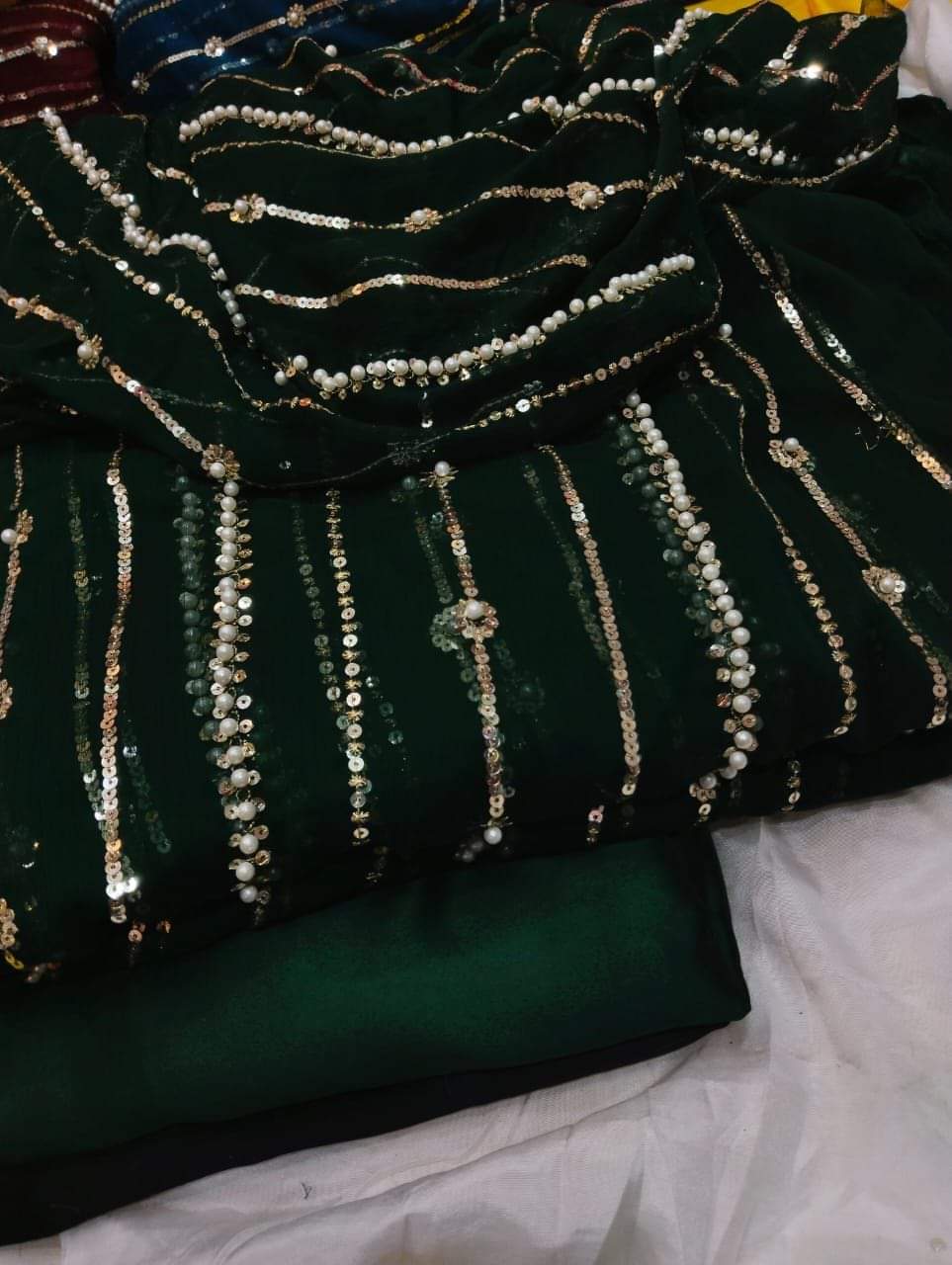 Beautiful Fancy Pearl & Thread Embroidered Sequence Work 3 Piece Suit with Full Jaal Shirt & Embroidered Dupatta With Trouser