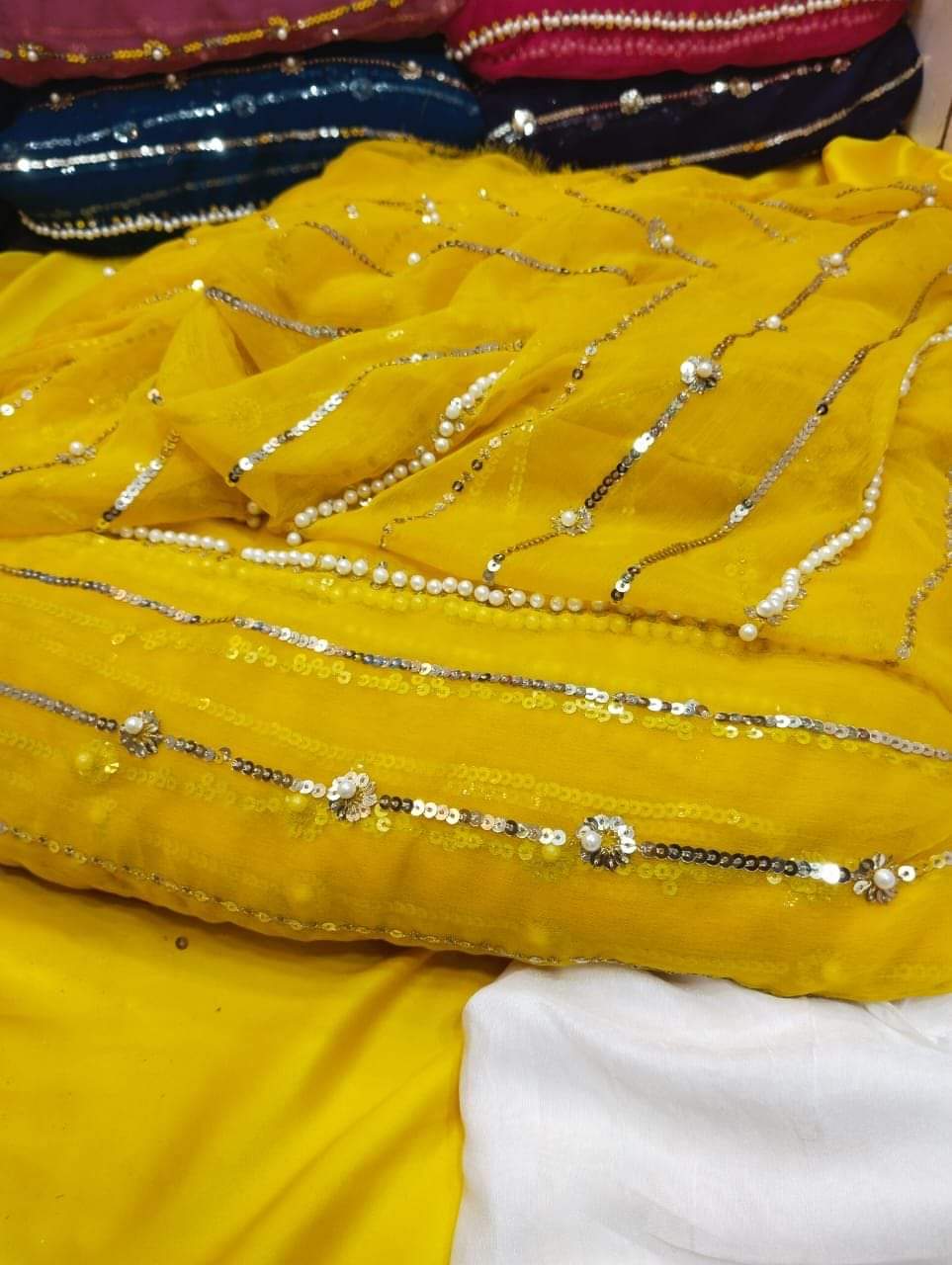 Beautiful Fancy Pearl & Thread Embroidered Sequence Work 3 Piece Suit with Full Jaal Shirt & Embroidered Dupatta With Trouser