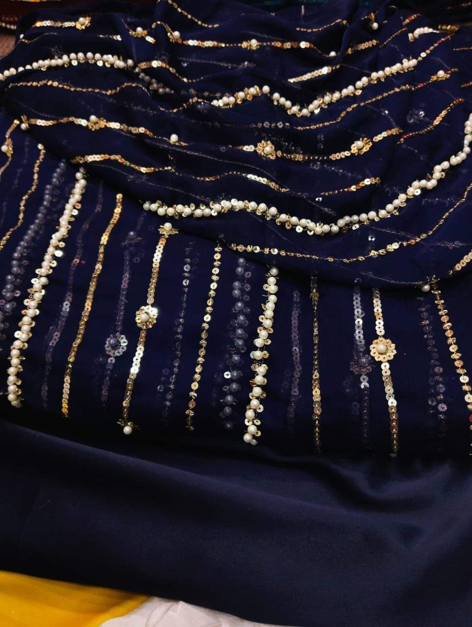 Beautiful Fancy Pearl & Thread Embroidered Sequence Work 3 Piece Suit with Full Jaal Shirt & Embroidered Dupatta With Trouser