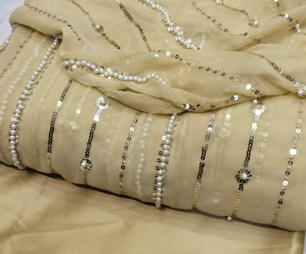 Beautiful Fancy Pearl & Thread Embroidered Sequence Work 3 Piece Suit with Full Jaal Shirt & Embroidered Dupatta With Trouser