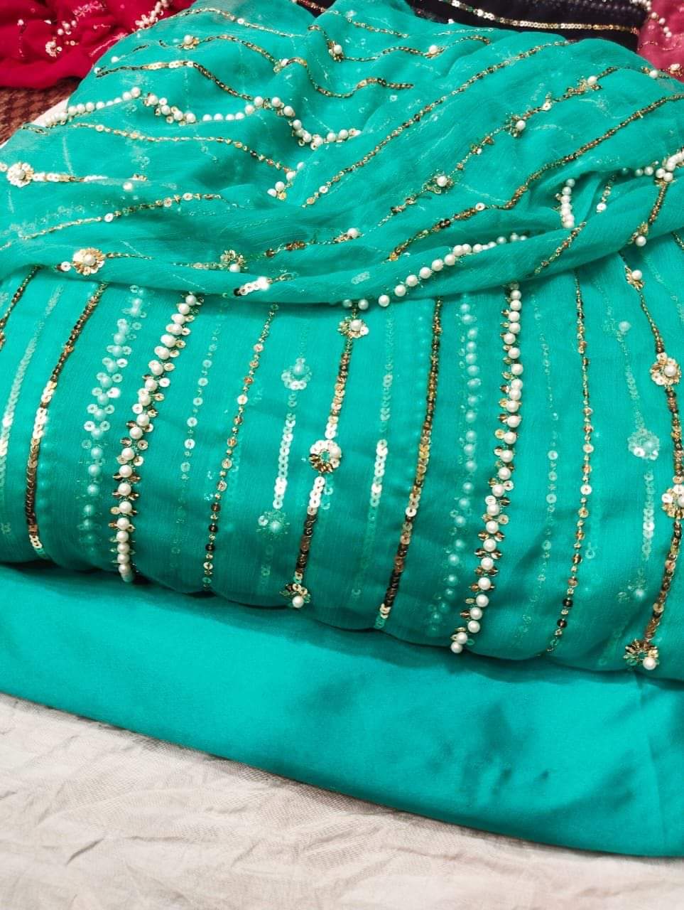 Beautiful Fancy Pearl & Thread Embroidered Sequence Work 3 Piece Suit with Full Jaal Shirt & Embroidered Dupatta With Trouser
