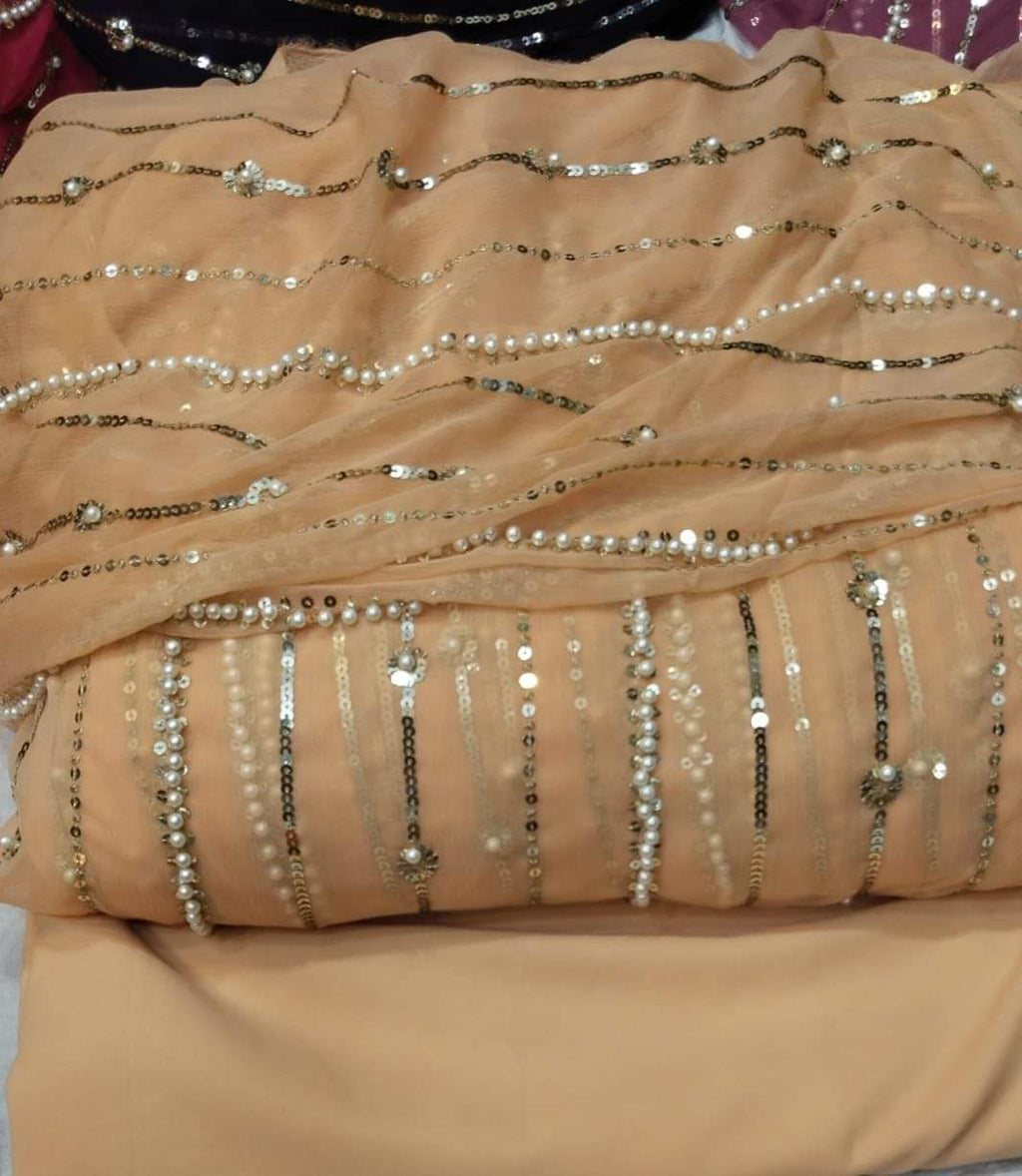 Beautiful Fancy Pearl & Thread Embroidered Sequence Work 3 Piece Suit with Full Jaal Shirt & Embroidered Dupatta With Trouser