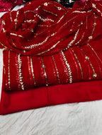 Beautiful Fancy Pearl & Thread Embroidered Sequence Work 3 Piece Suit with Full Jaal Shirt & Embroidered Dupatta With Trouser