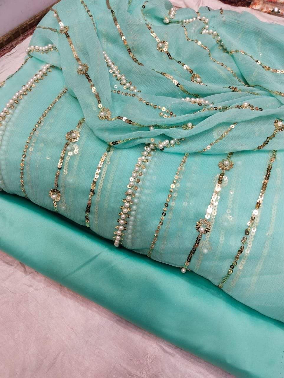 Beautiful Fancy Pearl & Thread Embroidered Sequence Work 3 Piece Suit with Full Jaal Shirt & Embroidered Dupatta With Trouser