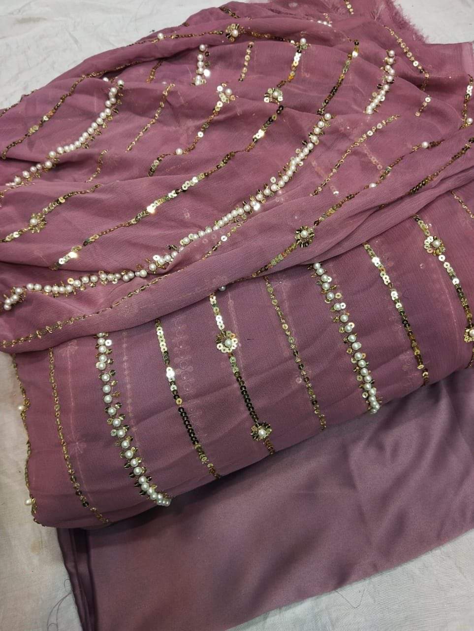 Beautiful Fancy Pearl & Thread Embroidered Sequence Work 3 Piece Suit with Full Jaal Shirt & Embroidered Dupatta With Trouser