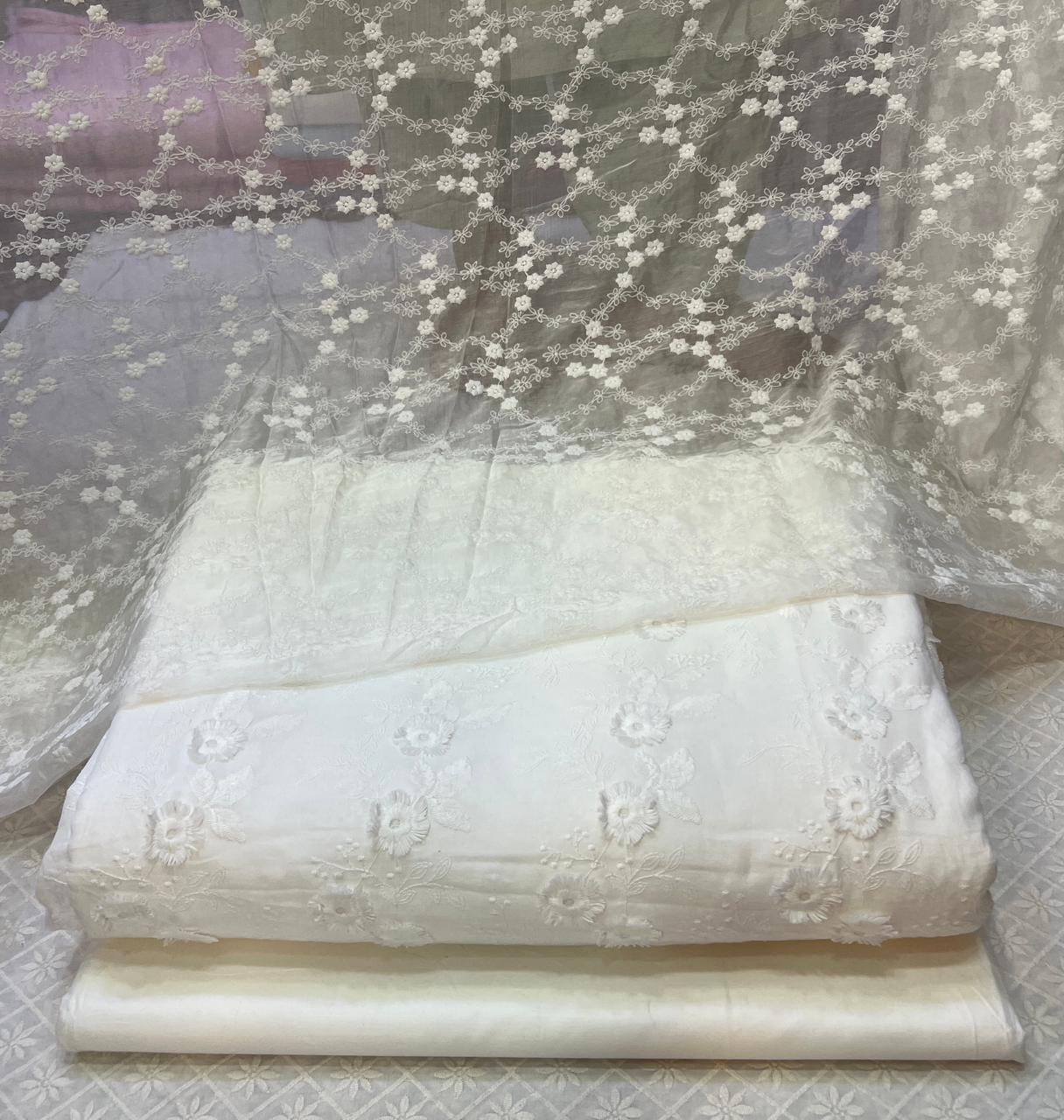 3D Chikan Kari Shirt With Plain Cotton Trouser  & White Chiffon Chikan Kari Dupatta