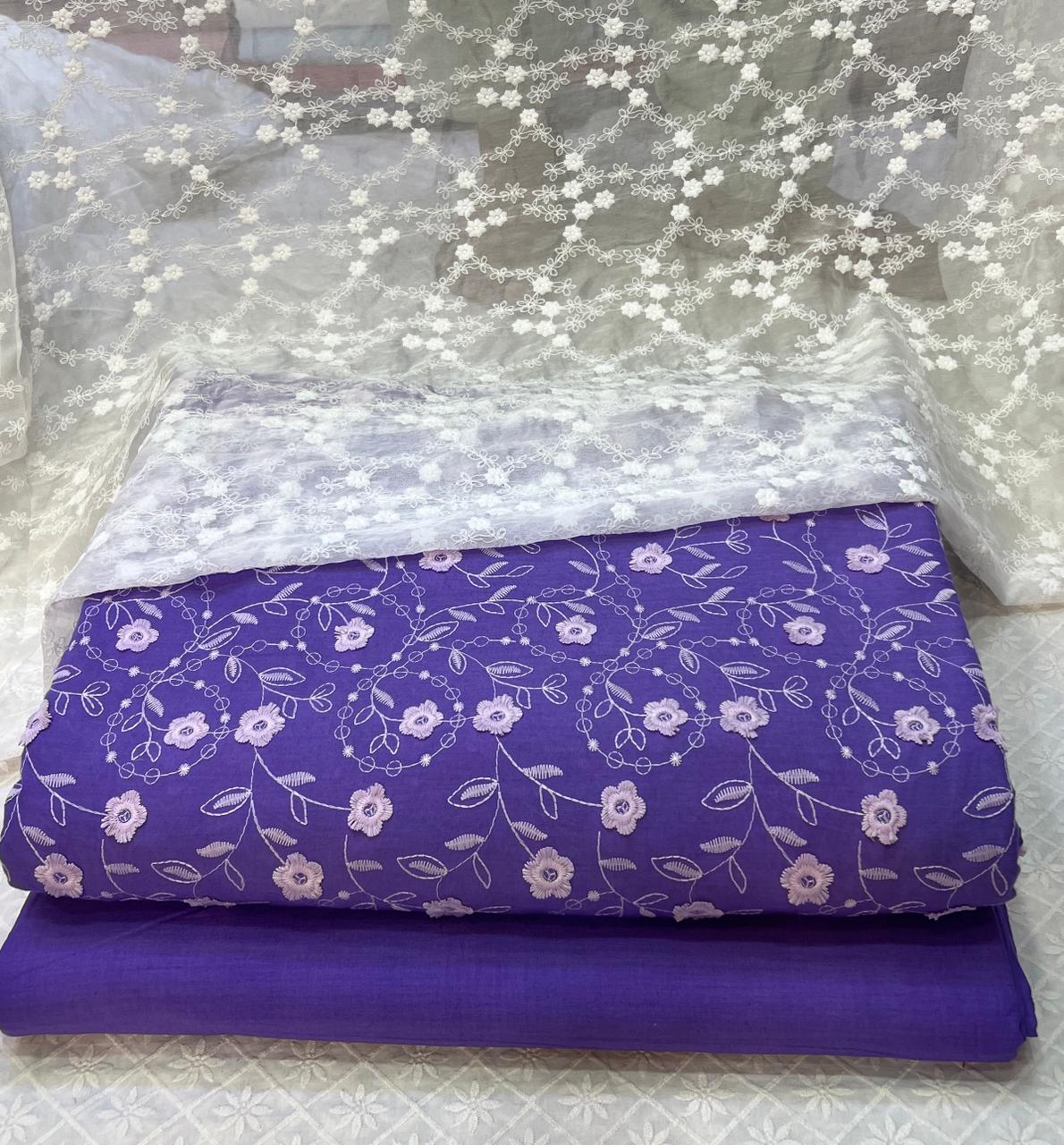 3D Chikan Kari Shirt With Plain Cotton Trouser  & White Chiffon Chikan Kari Dupatta