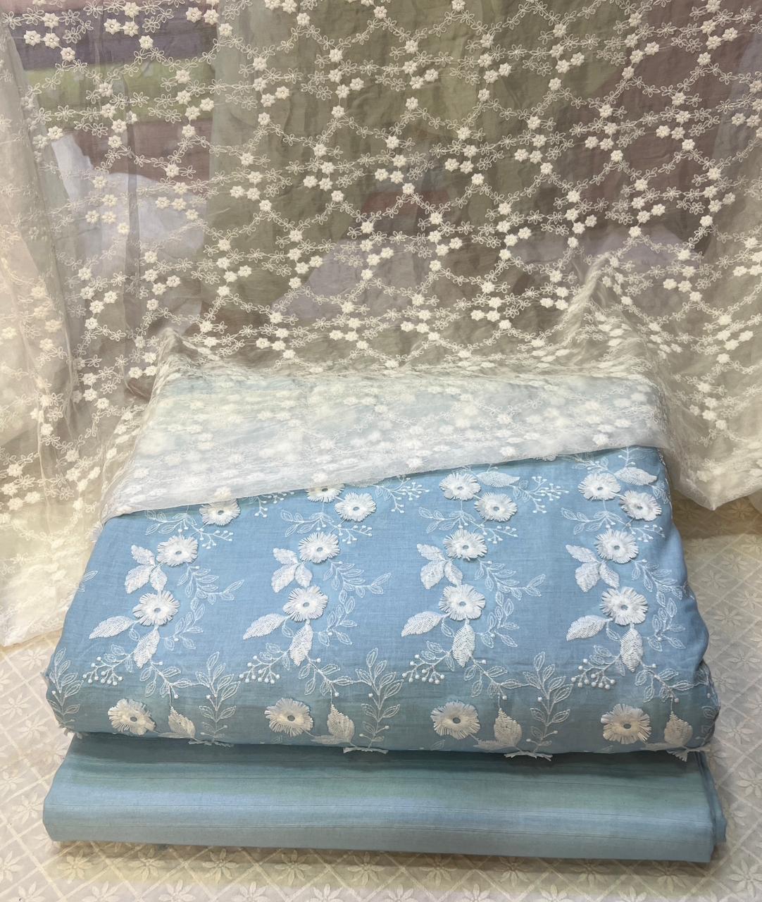 3D Chikan Kari Shirt With Plain Cotton Trouser  & White Chiffon Chikan Kari Dupatta