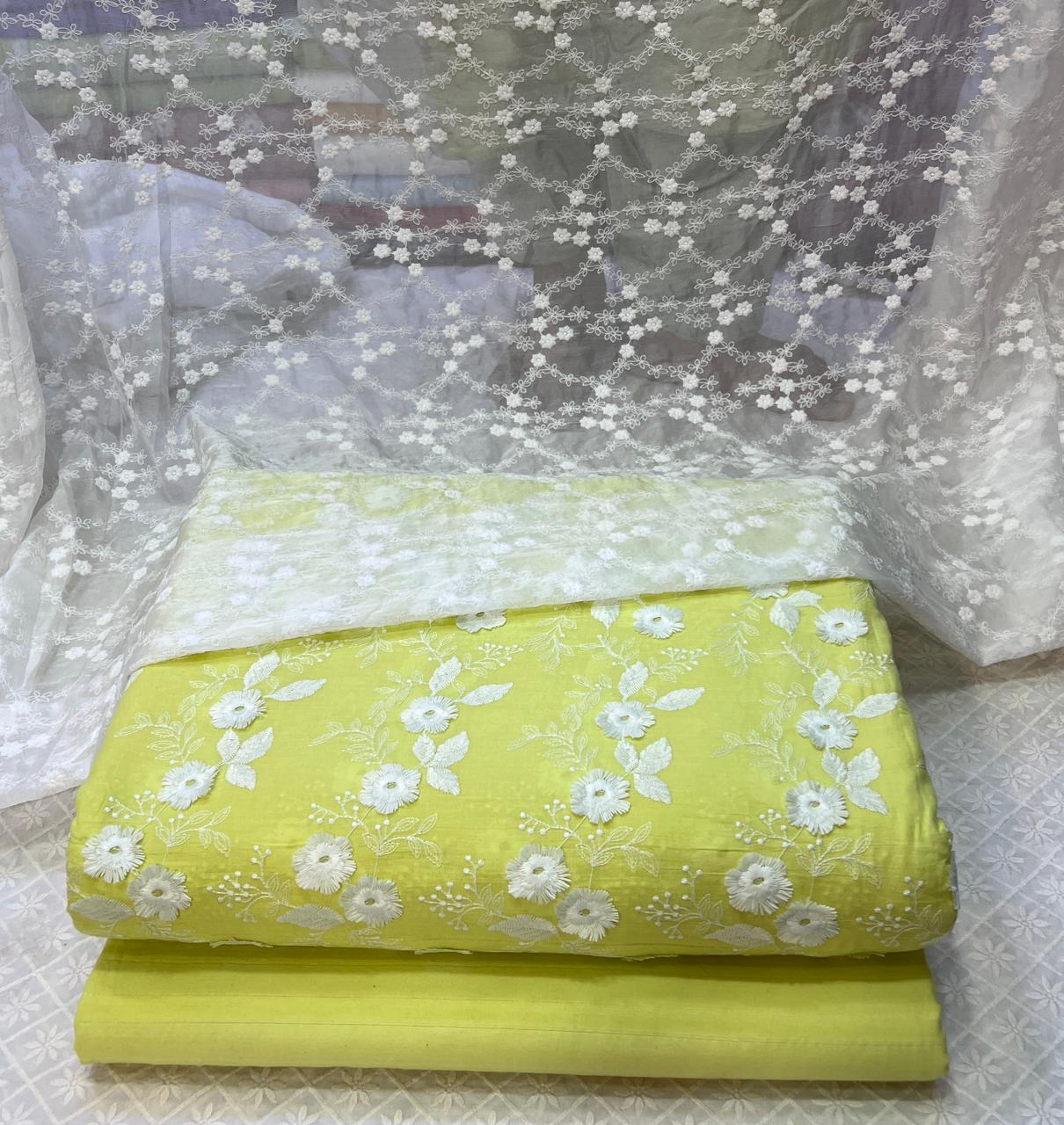 3D Chikan Kari Shirt With Plain Cotton Trouser  & White Chiffon Chikan Kari Dupatta