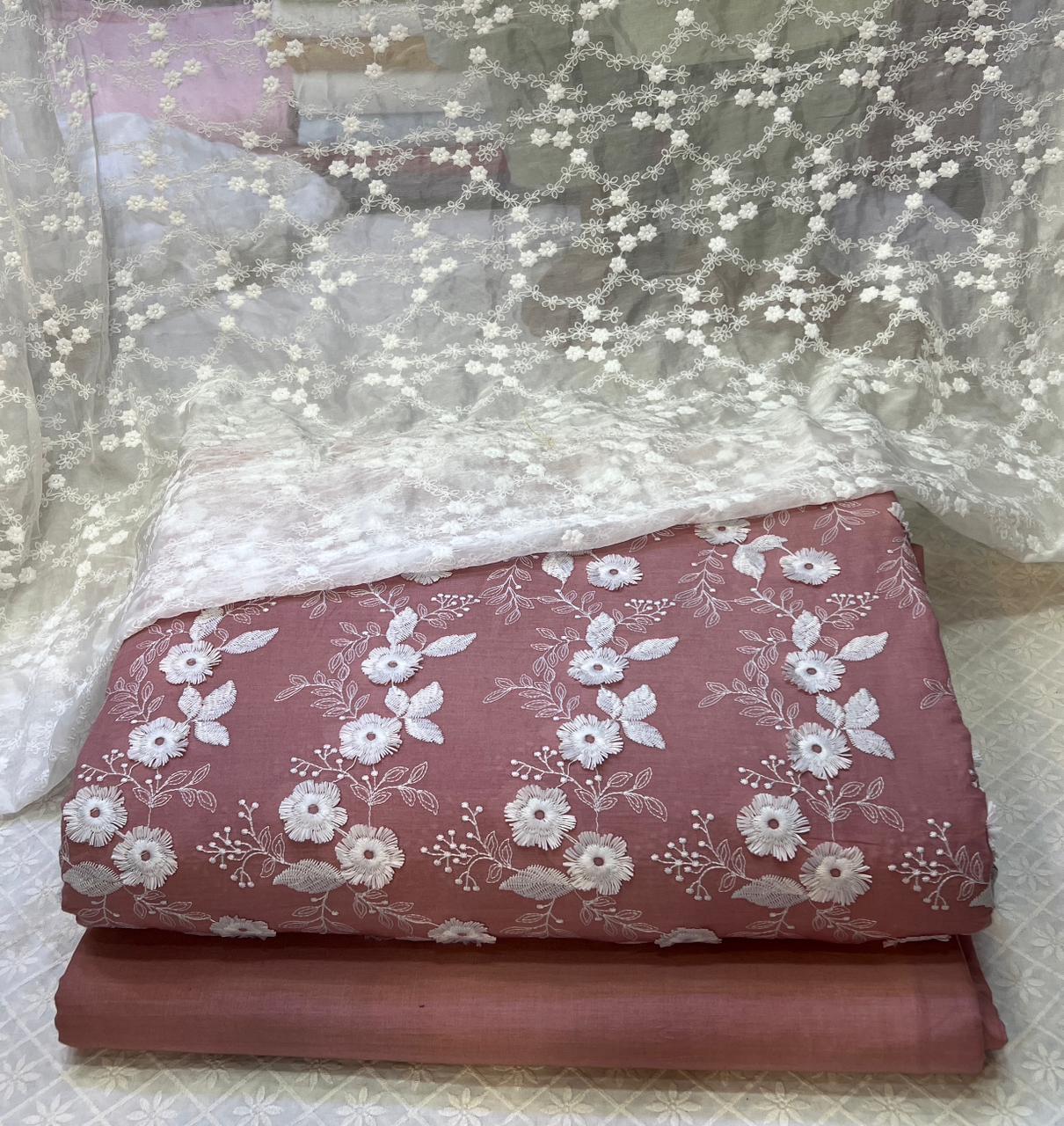3D Chikan Kari Shirt With Plain Cotton Trouser  & White Chiffon Chikan Kari Dupatta