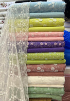3D Chikan Kari Shirt With Plain Cotton Trouser  & White Chiffon Chikan Kari Dupatta