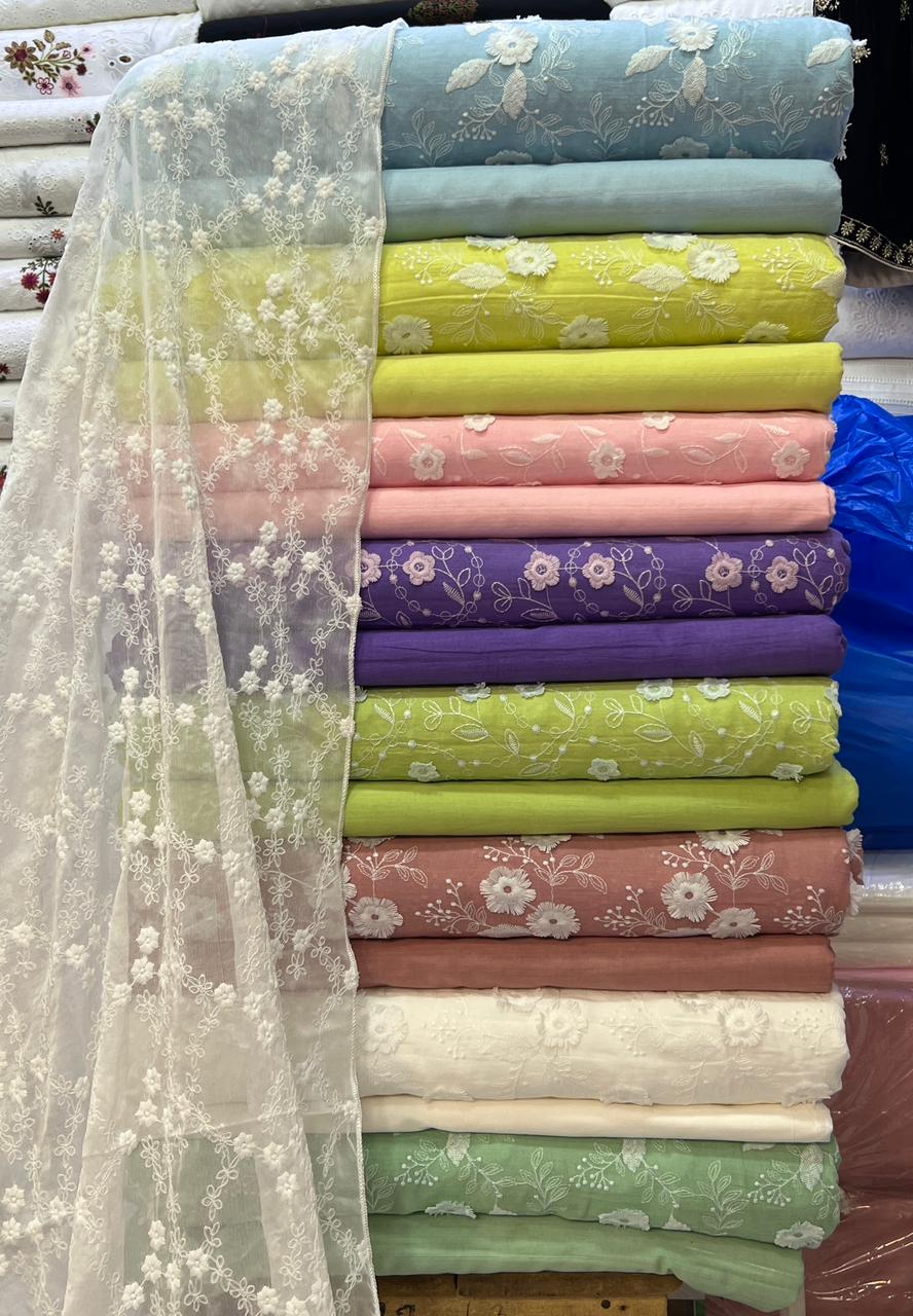 3D Chikan Kari Shirt With Plain Cotton Trouser  & White Chiffon Chikan Kari Dupatta