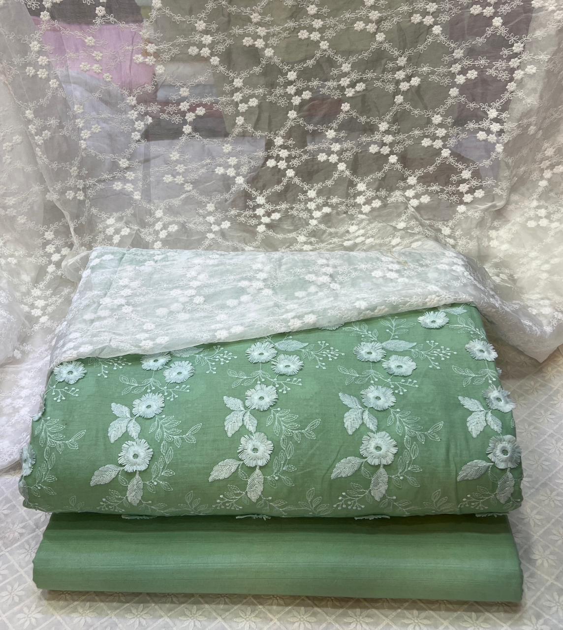 3D Chikan Kari Shirt With Plain Cotton Trouser  & White Chiffon Chikan Kari Dupatta