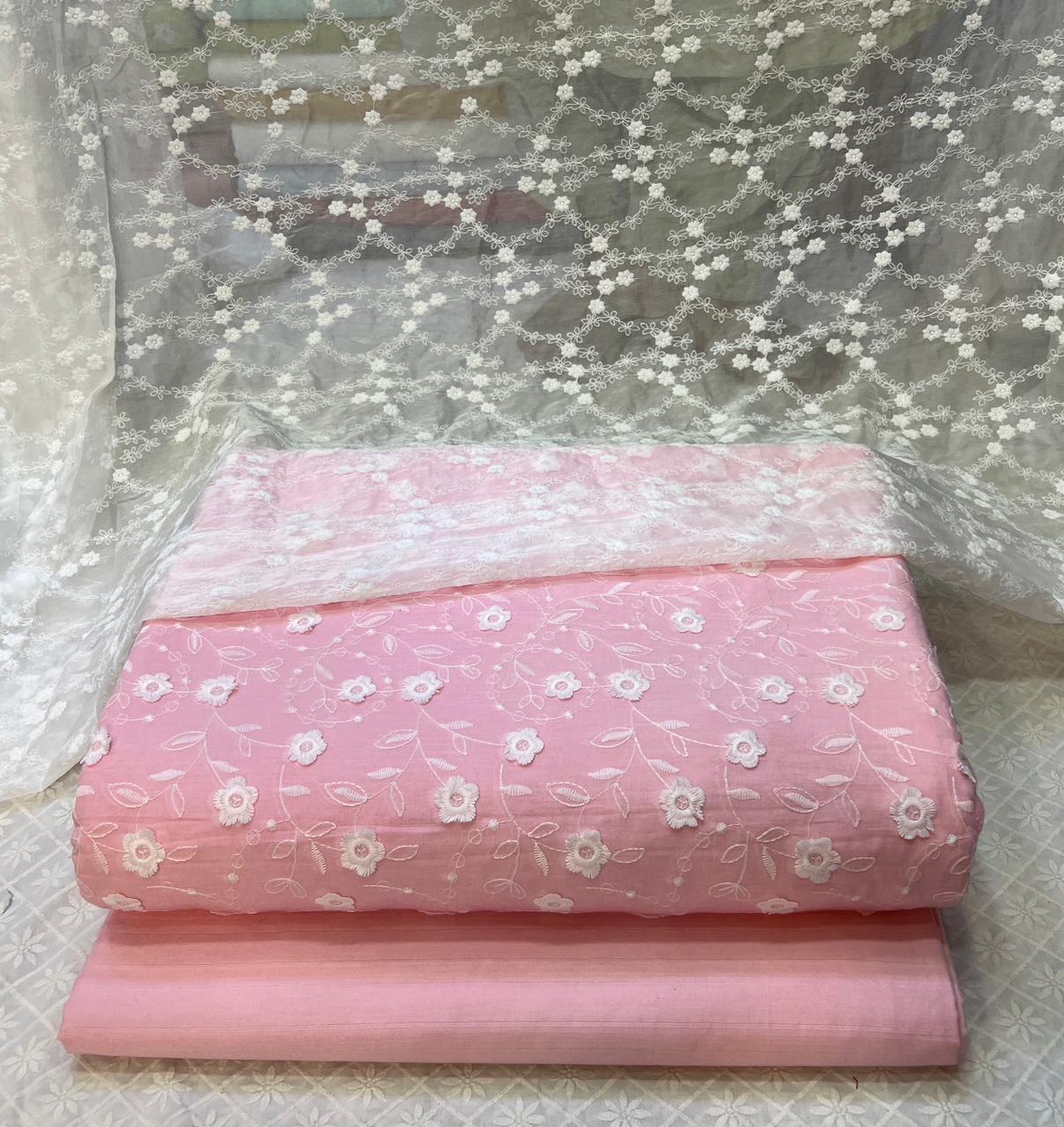 3D Chikan Kari Shirt With Plain Cotton Trouser  & White Chiffon Chikan Kari Dupatta