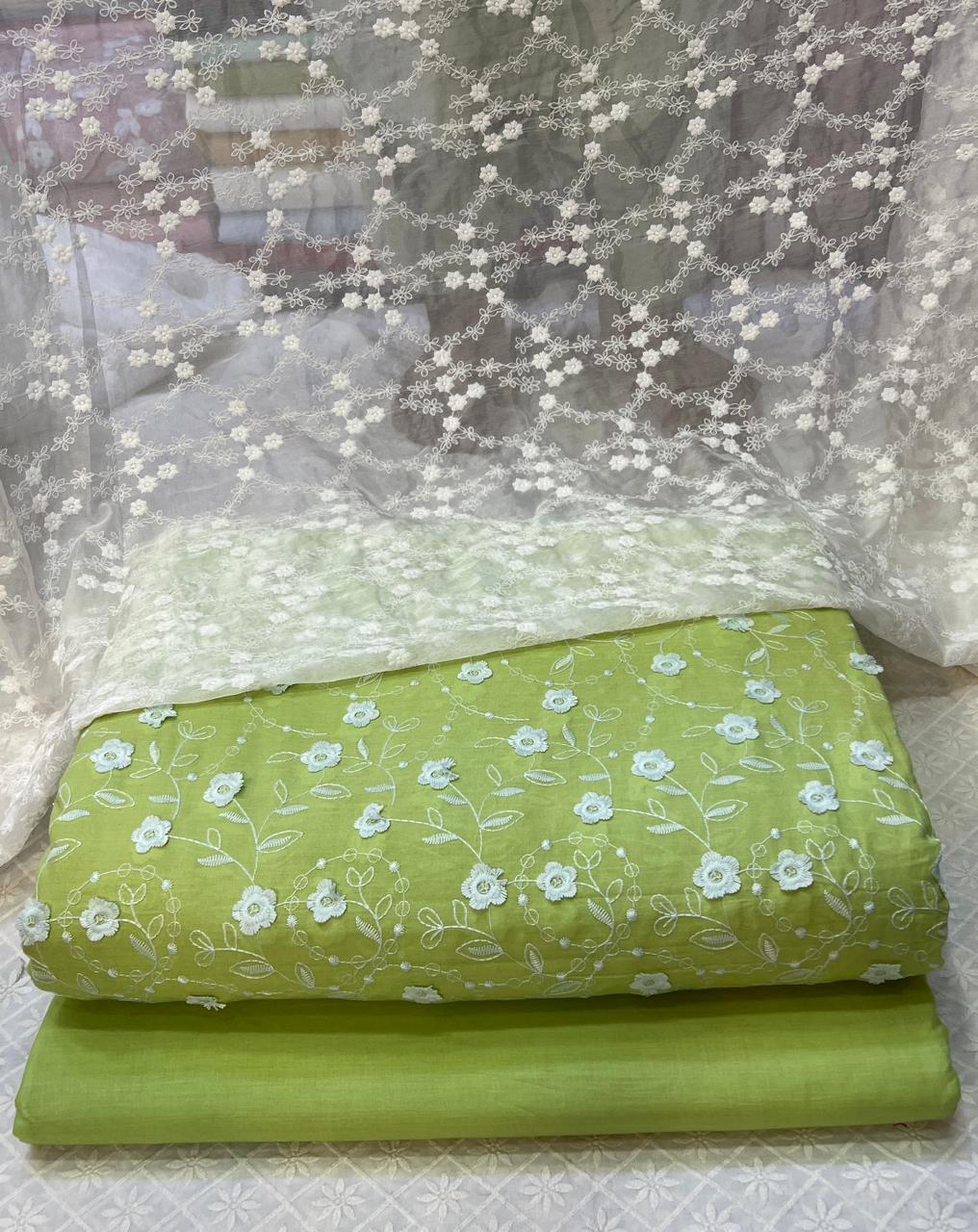 3D Chikan Kari Shirt With Plain Cotton Trouser  & White Chiffon Chikan Kari Dupatta