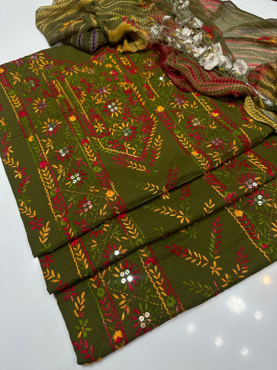 Hand Made  Beautiful Indian Pulkari Sequence Jall Suits