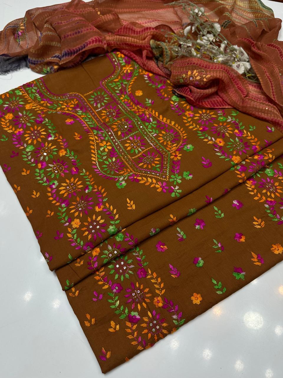 Hand Made  Beautiful Indian Pulkari Sequence Jall Suits