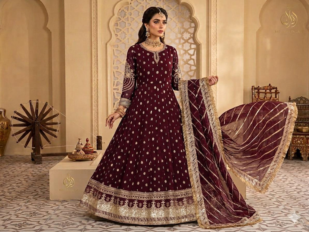 Elegant New Arrival  Shafoon Tilla Embroidered Maxi Set with Hand Embellishments, Embroidered Dupatta & Silk Trouser